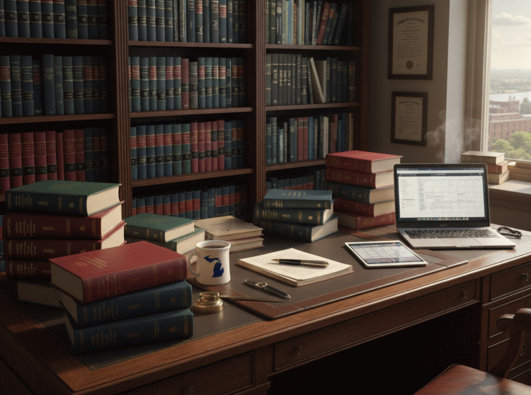 Attorney desk with legal books in Michigan office